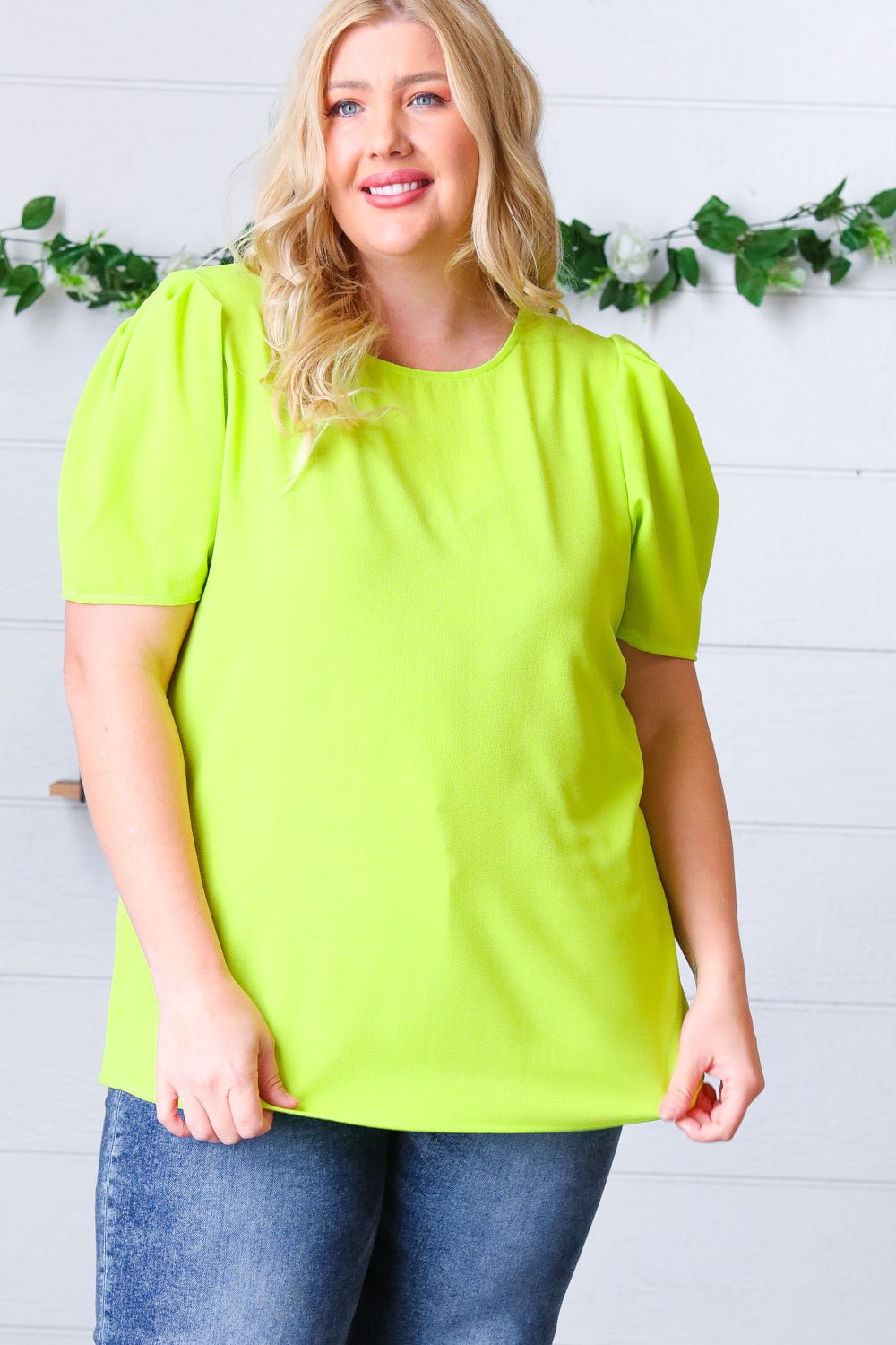 Neon Green Round Neck Puff Sleeve Crepe Top - Bitsy Gypsy Boutique