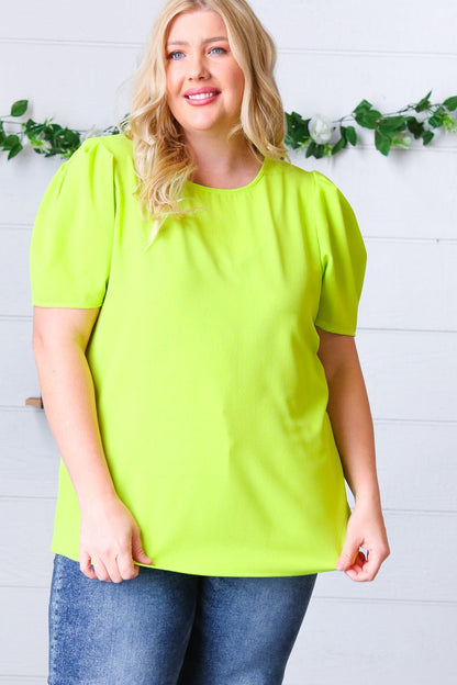 Neon Green Round Neck Puff Sleeve Crepe Top - Bitsy Gypsy Boutique