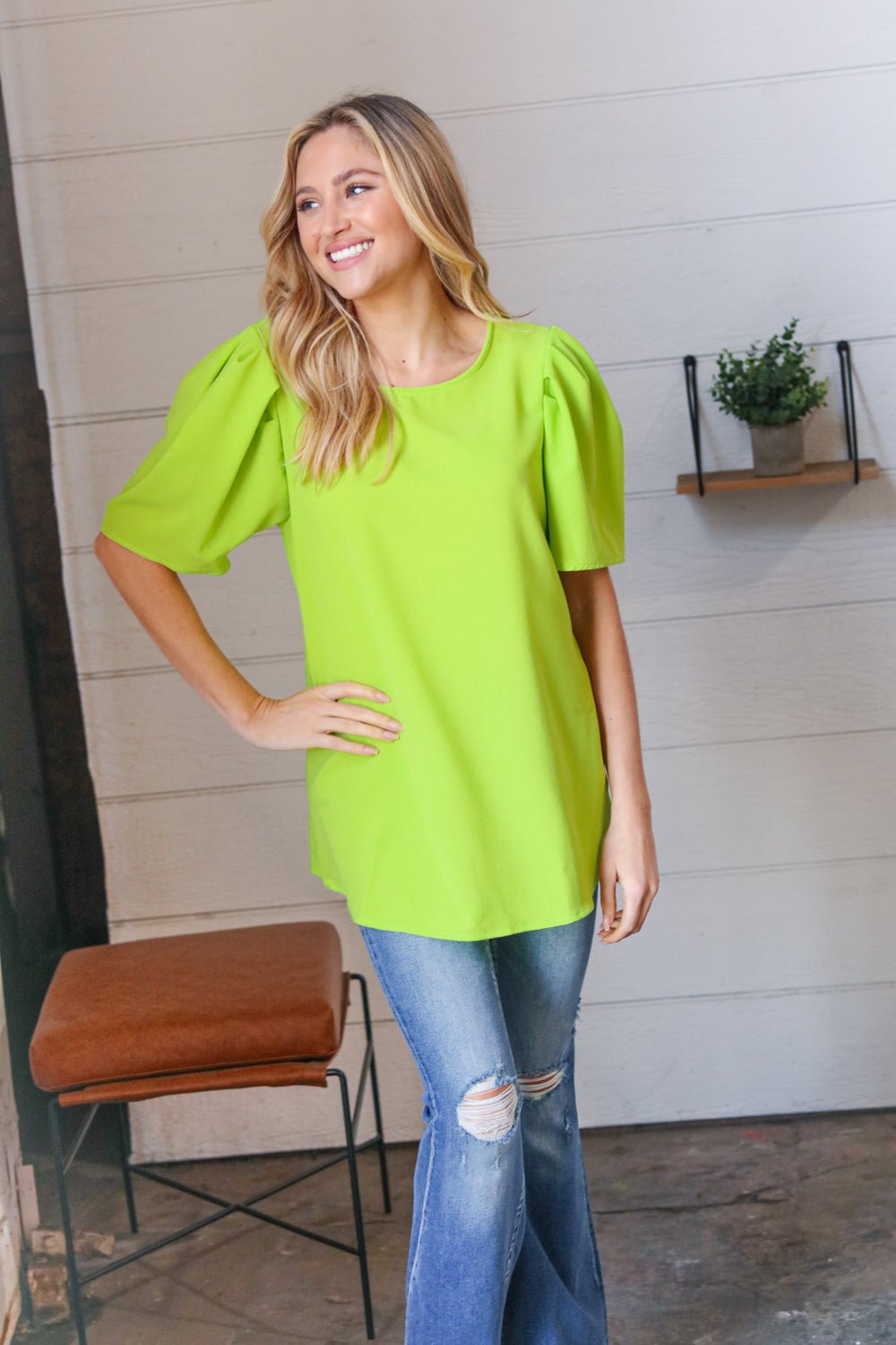 Neon Green Round Neck Puff Sleeve Crepe Top - Bitsy Gypsy Boutique