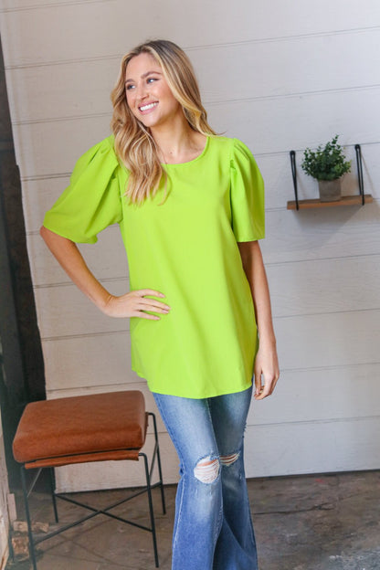 Neon Green Round Neck Puff Sleeve Crepe Top - Bitsy Gypsy Boutique