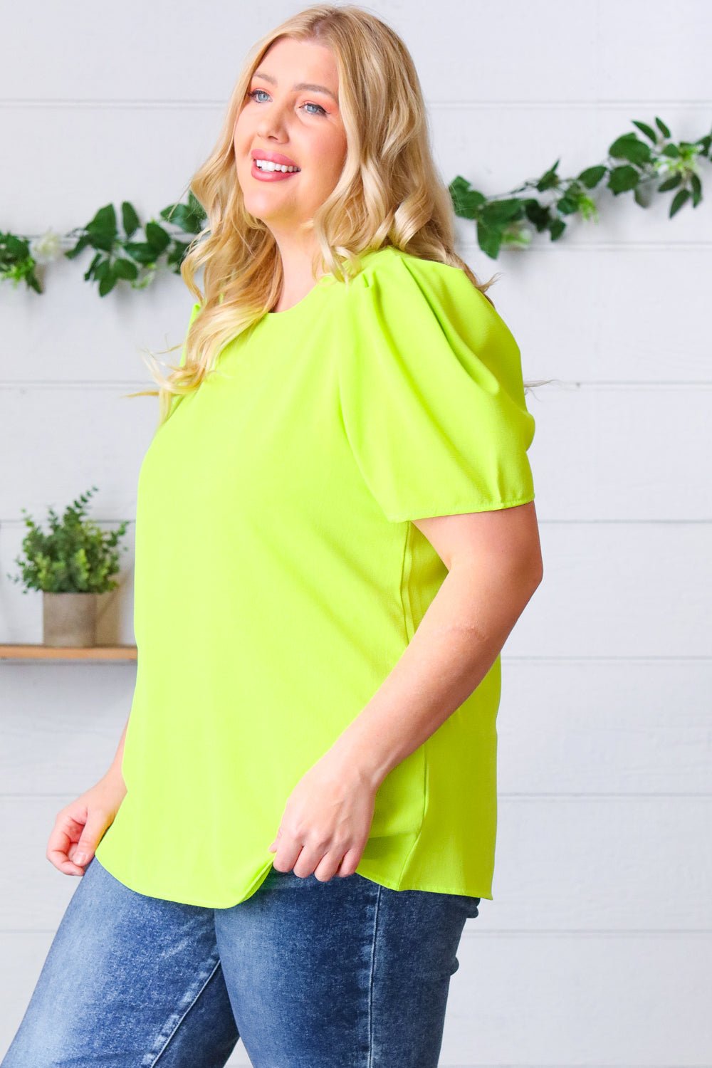 Neon Green Round Neck Puff Sleeve Crepe Top - Bitsy Gypsy Boutique