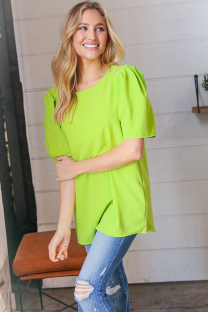 Neon Green Round Neck Puff Sleeve Crepe Top - Bitsy Gypsy Boutique