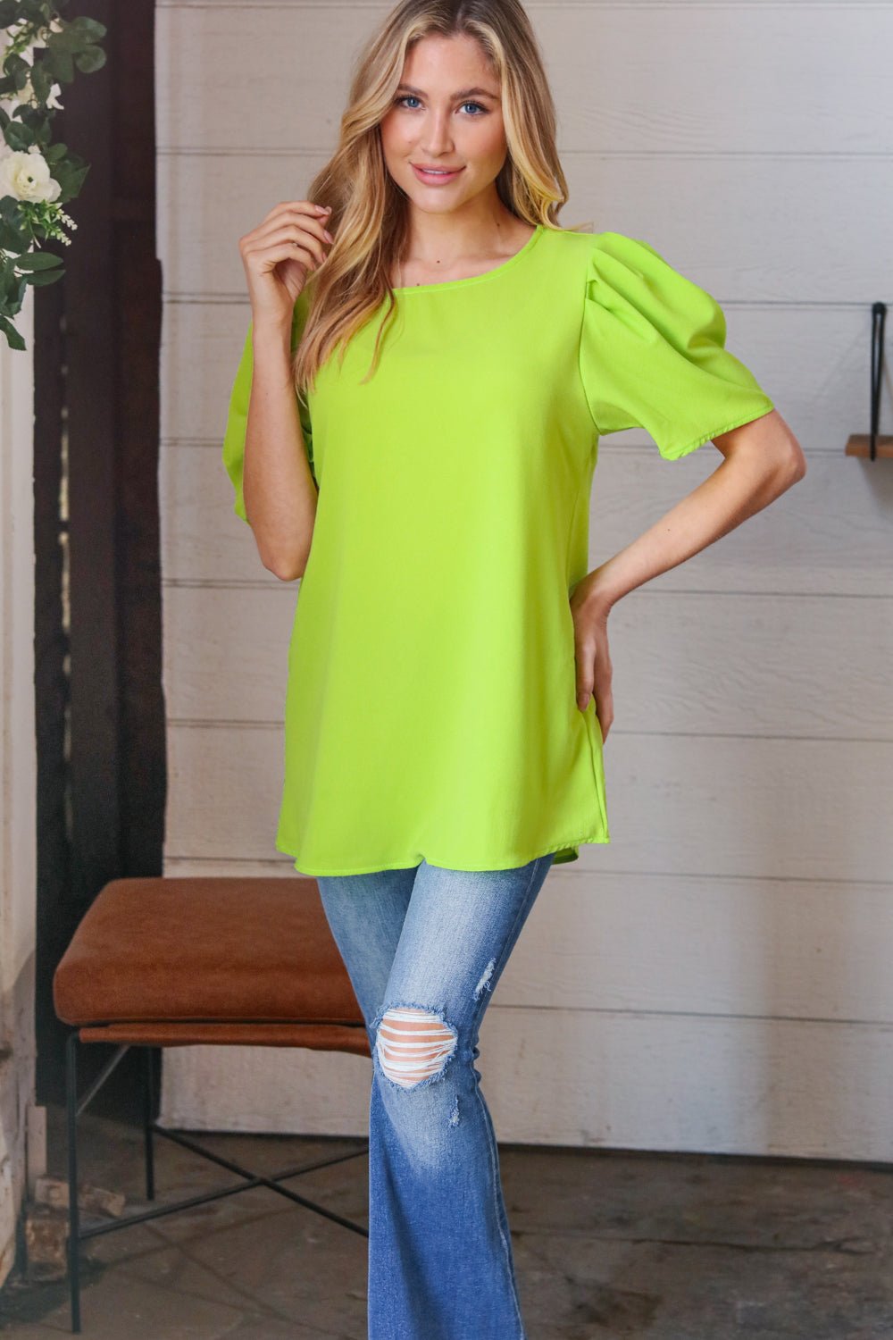 Neon Green Round Neck Puff Sleeve Crepe Top - Bitsy Gypsy Boutique