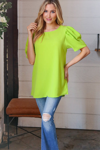 Neon Green Round Neck Puff Sleeve Crepe Top - Bitsy Gypsy Boutique