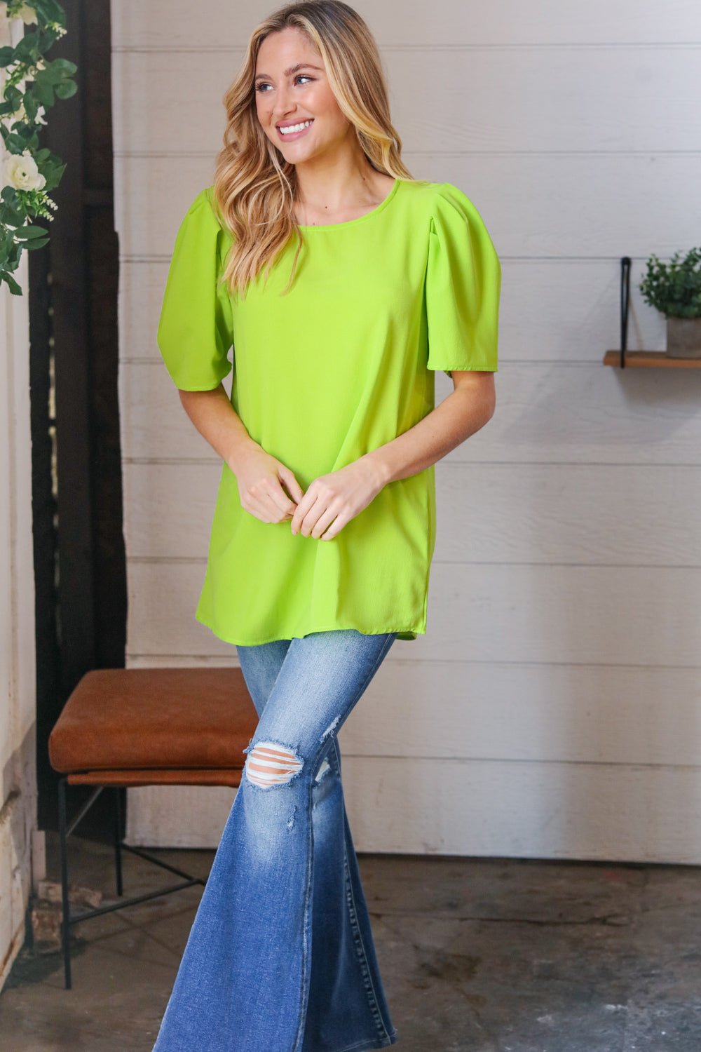 Neon Green Round Neck Puff Sleeve Crepe Top - Bitsy Gypsy Boutique