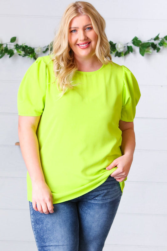Neon Green Round Neck Puff Sleeve Crepe Top - Bitsy Gypsy Boutique
