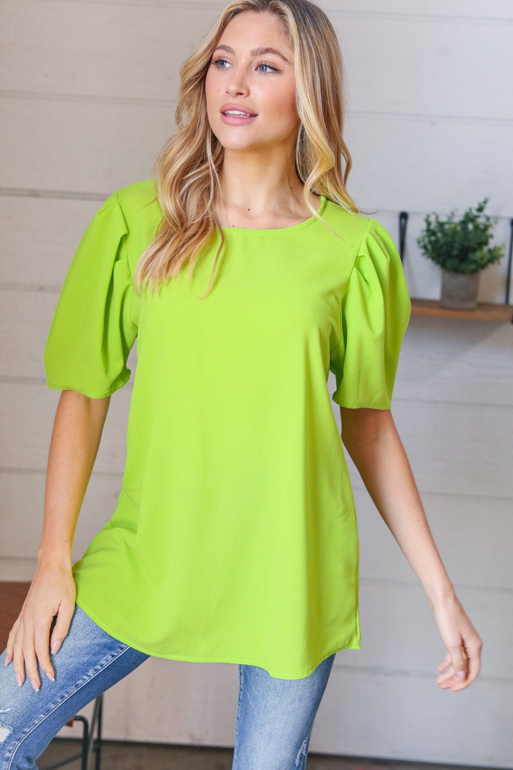 Neon Green Round Neck Puff Sleeve Crepe Top - Bitsy Gypsy Boutique