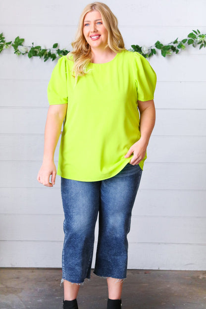 Neon Green Round Neck Puff Sleeve Crepe Top - Bitsy Gypsy Boutique