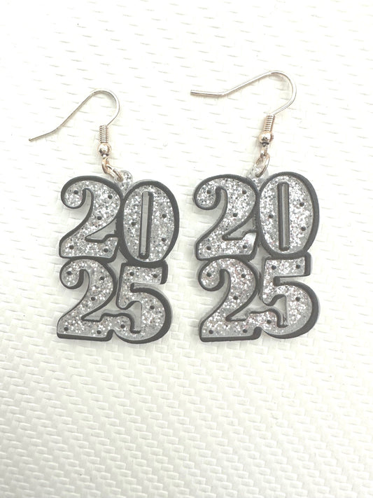 New Year's 2025 Silver Glitter Dangle Earrings - Bitsy Gypsy Boutique