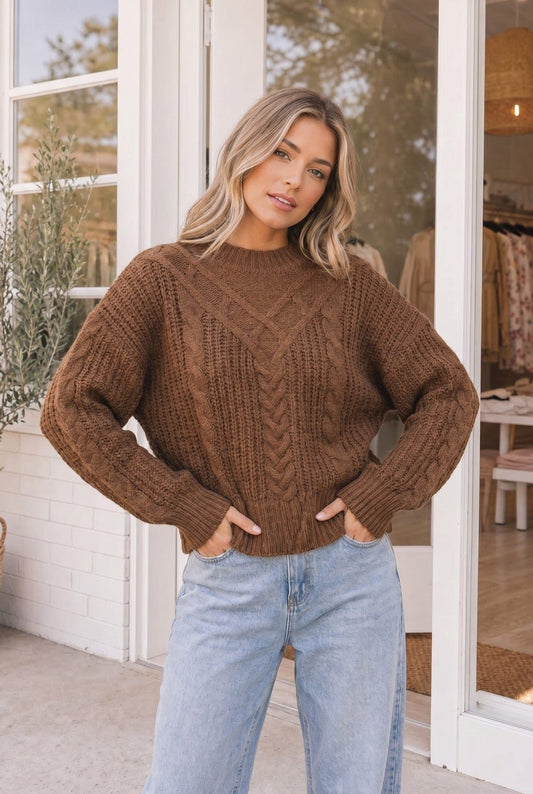October Kiss Cable Knit Sweater in Warm Mocha - Bitsy Gypsy Boutique