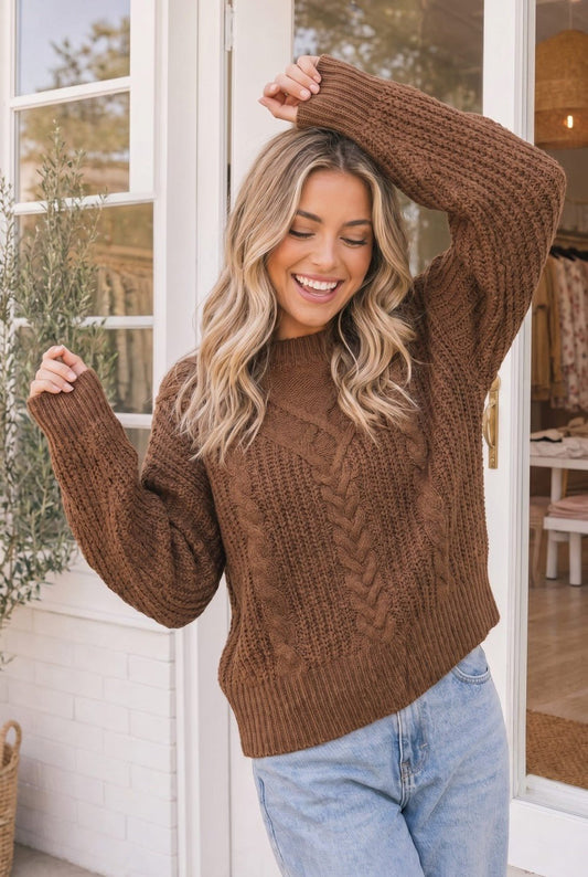 October Kiss Cable Knit Sweater in Warm Mocha - Bitsy Gypsy Boutique