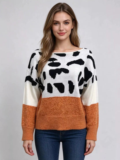 Off-Shoulder Animal Print Colorblock Sweater - Bitsy Gypsy Boutique
