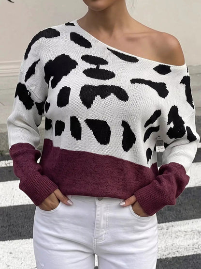 Off-Shoulder Animal Print Colorblock Sweater - Bitsy Gypsy Boutique