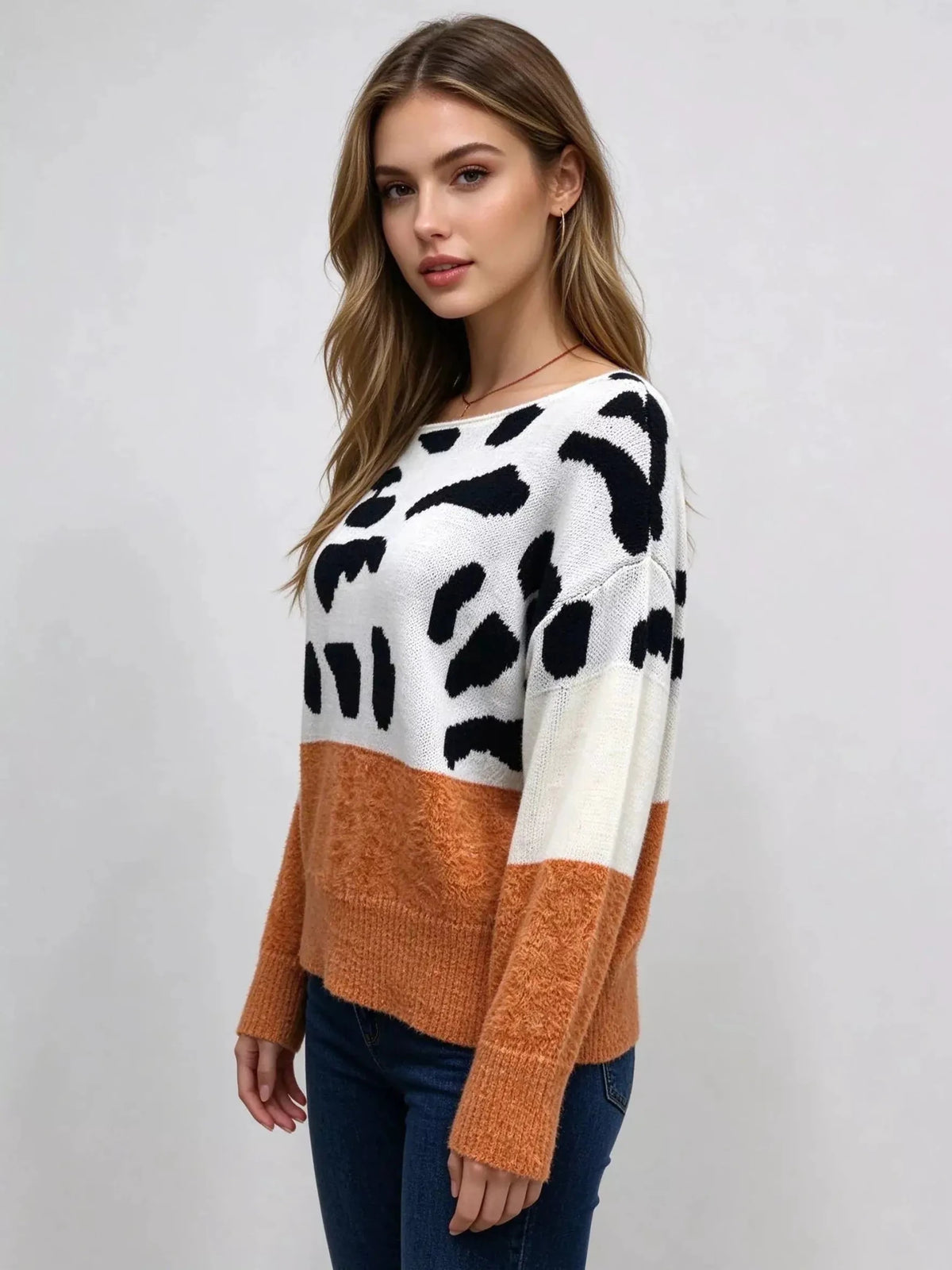 Off-Shoulder Animal Print Colorblock Sweater - Bitsy Gypsy Boutique