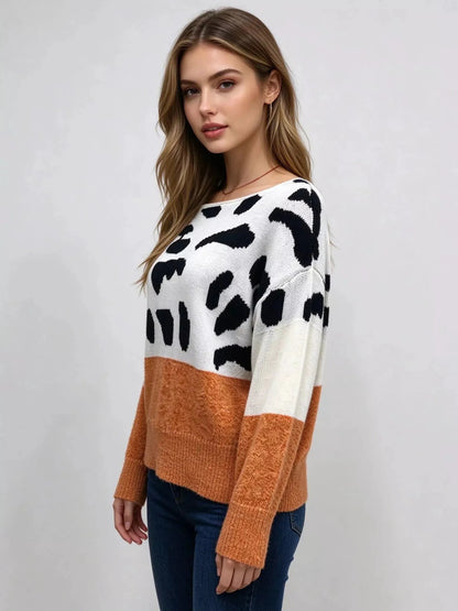 Off-Shoulder Animal Print Colorblock Sweater - Bitsy Gypsy Boutique