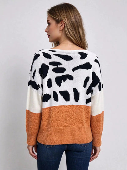 Off-Shoulder Animal Print Colorblock Sweater - Bitsy Gypsy Boutique