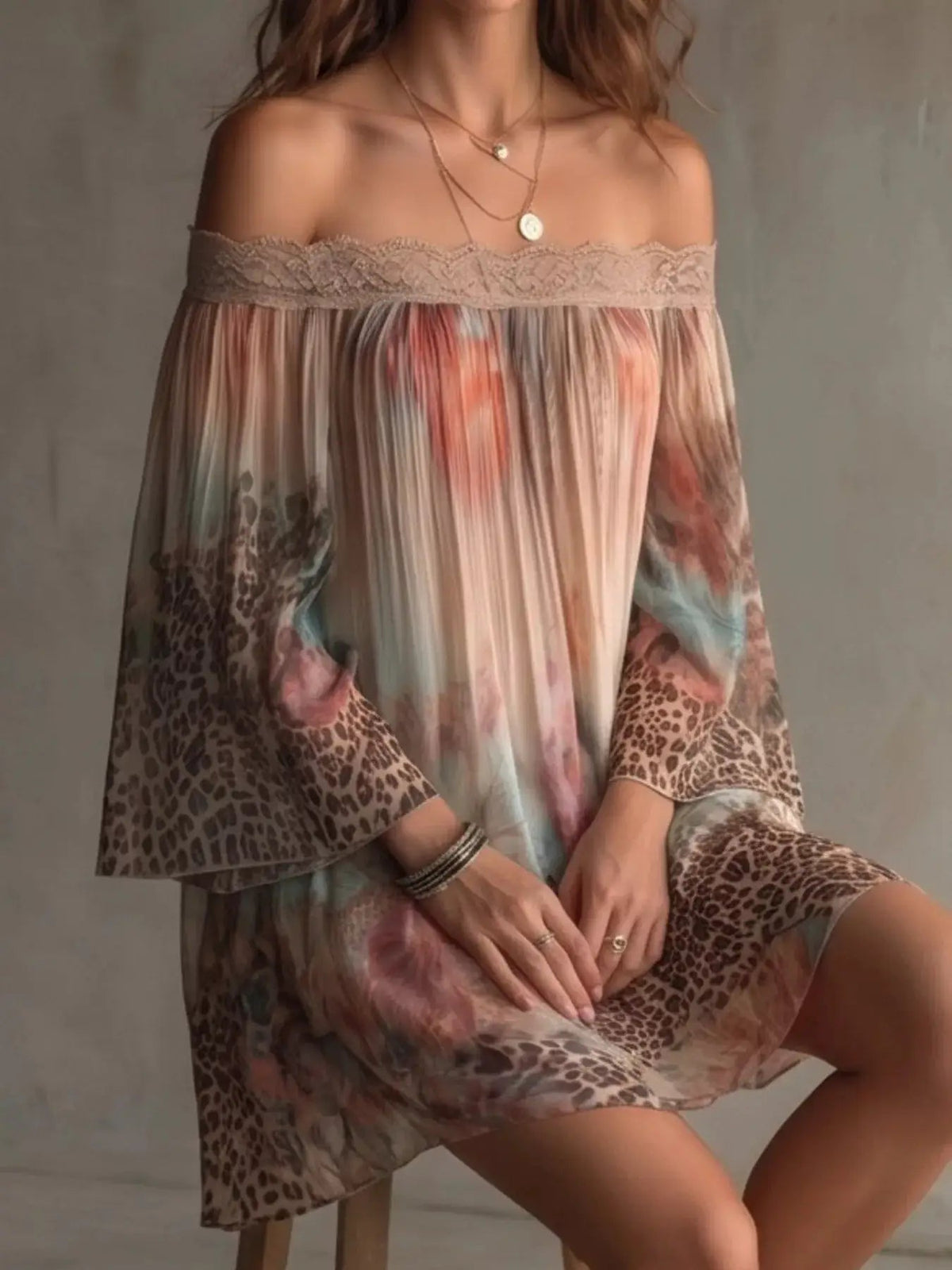 Off-Shoulder Lace-Trimmed Floral and Leopard Print Mini Dress - Bitsy Gypsy Boutique