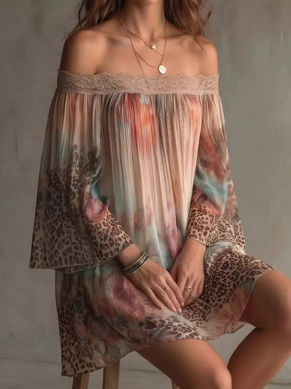 Off-Shoulder Lace-Trimmed Floral and Leopard Print Mini Dress - Bitsy Gypsy Boutique