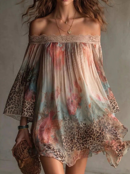 Off-Shoulder Lace-Trimmed Floral and Leopard Print Mini Dress - Bitsy Gypsy Boutique