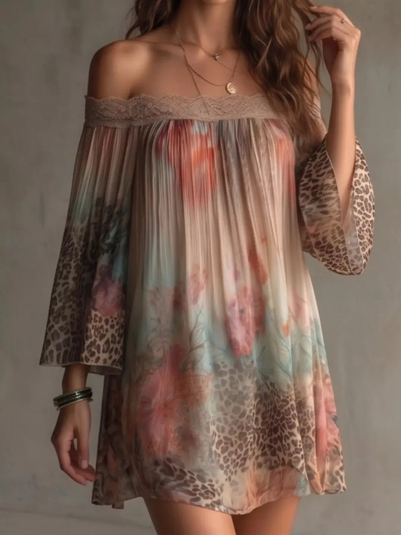 Off-Shoulder Lace-Trimmed Floral and Leopard Print Mini Dress - Bitsy Gypsy Boutique
