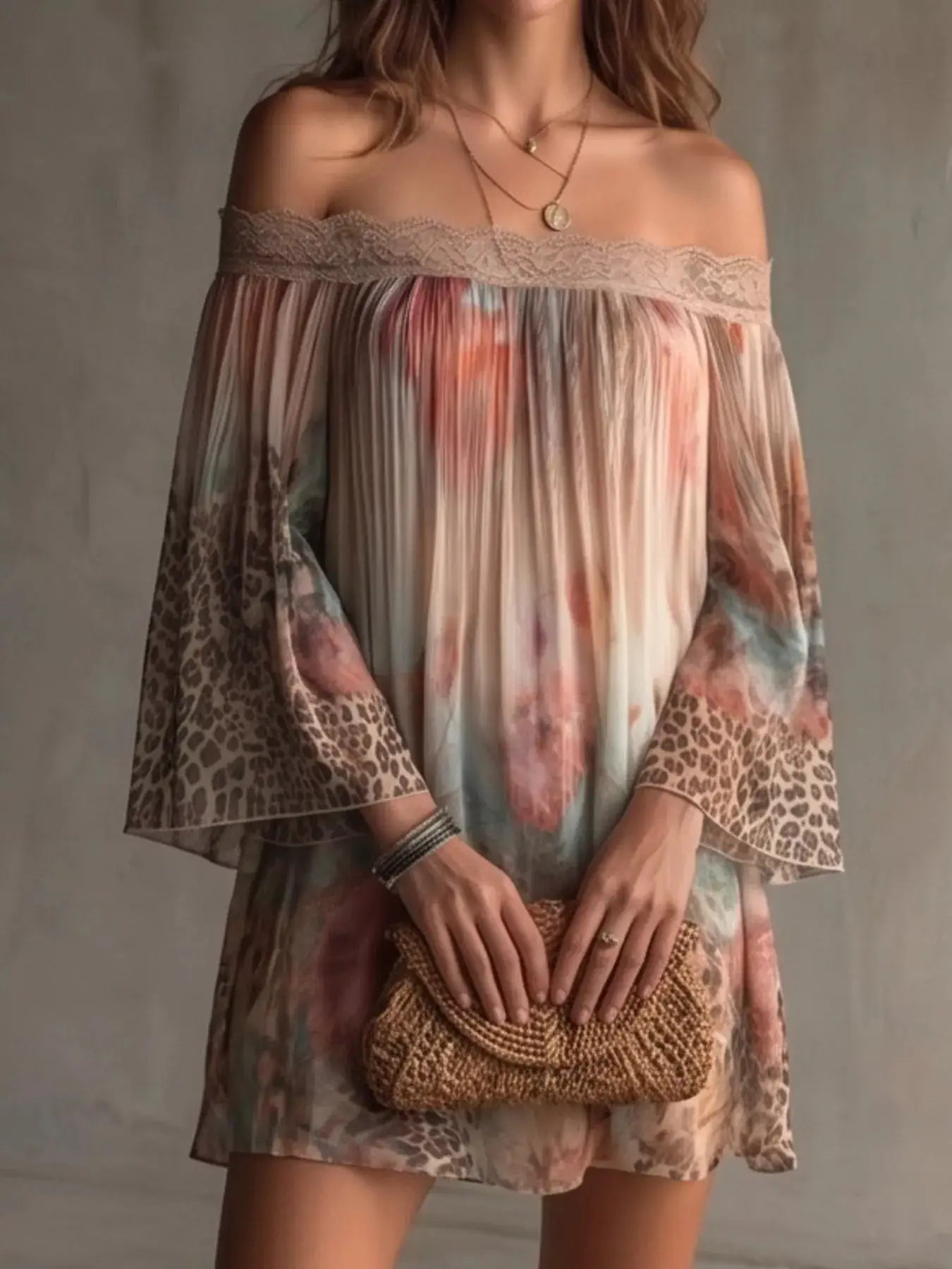 Off-Shoulder Lace-Trimmed Floral and Leopard Print Mini Dress - Bitsy Gypsy Boutique