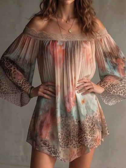 Off-Shoulder Lace-Trimmed Floral and Leopard Print Mini Dress - Bitsy Gypsy Boutique