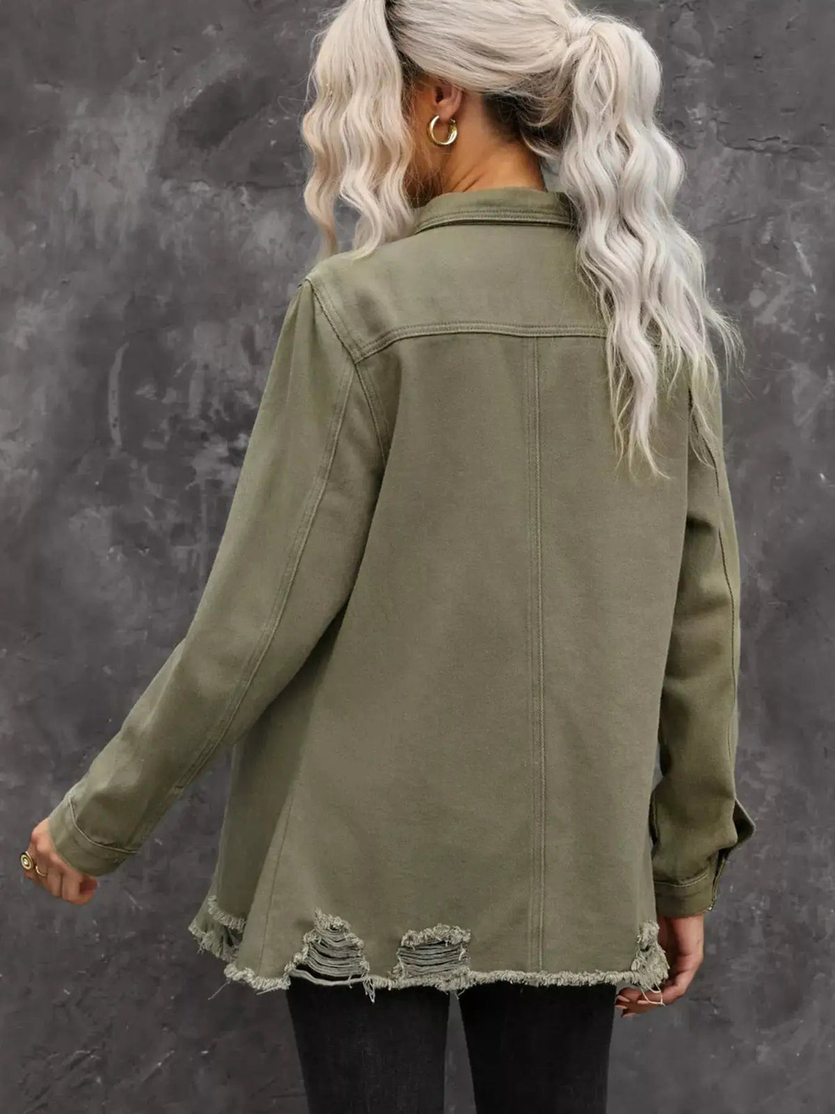 Olive Denim Distressed Raw Hem Shirt Jacket - Bitsy Gypsy Boutique
