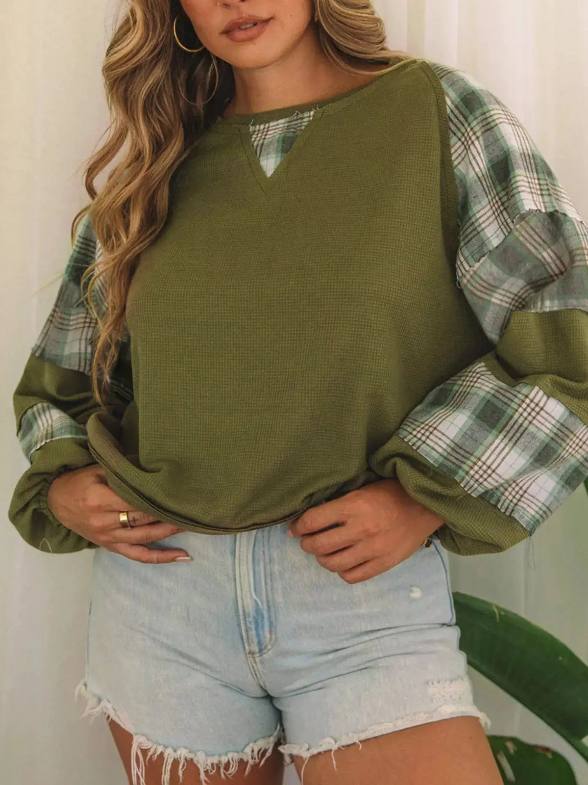 Olive Green Plaid Patch Waffle Knit Bubble Sleeve Top - Bitsy Gypsy Boutique