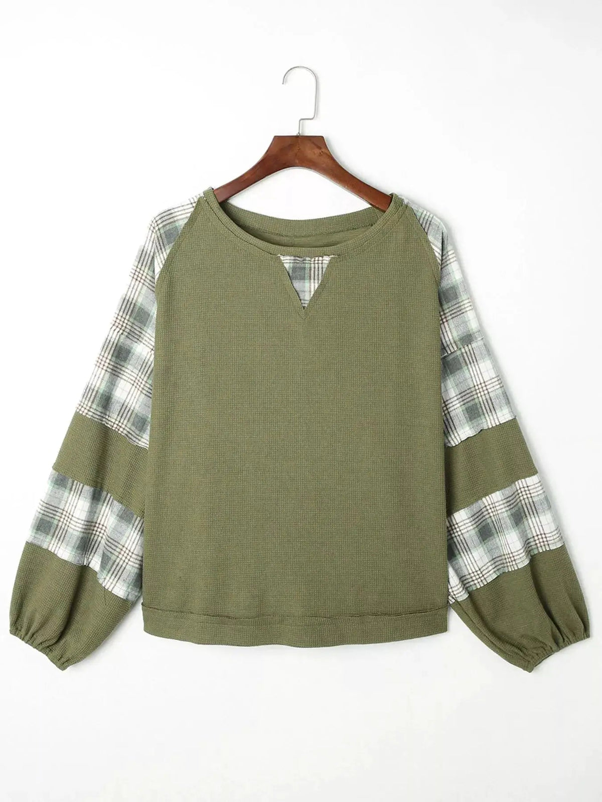 Olive Green Plaid Patch Waffle Knit Bubble Sleeve Top - Bitsy Gypsy Boutique