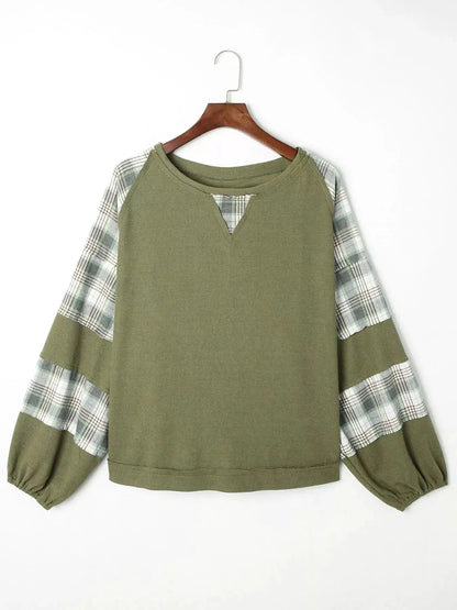 Olive Green Plaid Patch Waffle Knit Bubble Sleeve Top - Bitsy Gypsy Boutique