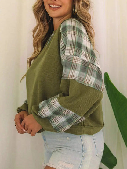Olive Green Plaid Patch Waffle Knit Bubble Sleeve Top - Bitsy Gypsy Boutique