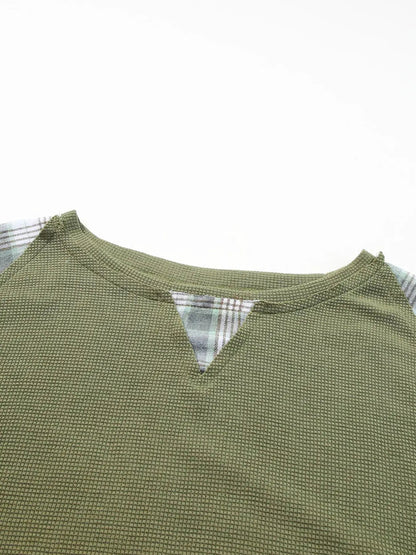 Olive Green Plaid Patch Waffle Knit Bubble Sleeve Top - Bitsy Gypsy Boutique