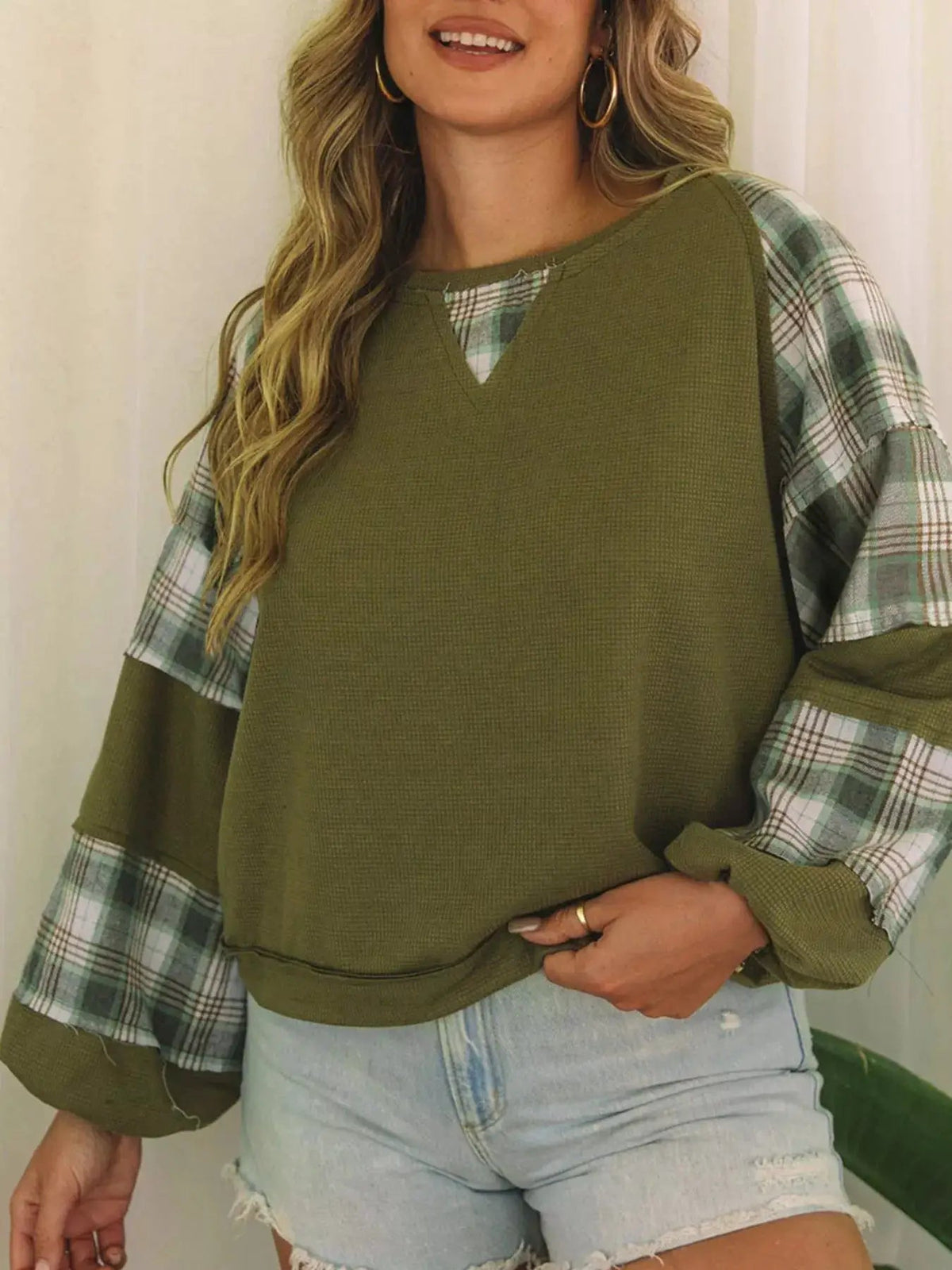 Olive Green Plaid Patch Waffle Knit Bubble Sleeve Top - Bitsy Gypsy Boutique