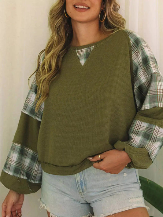 Olive Green Plaid Patch Waffle Knit Bubble Sleeve Top - Bitsy Gypsy Boutique