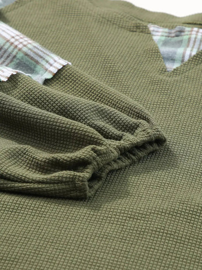 Olive Green Plaid Patch Waffle Knit Bubble Sleeve Top - Bitsy Gypsy Boutique