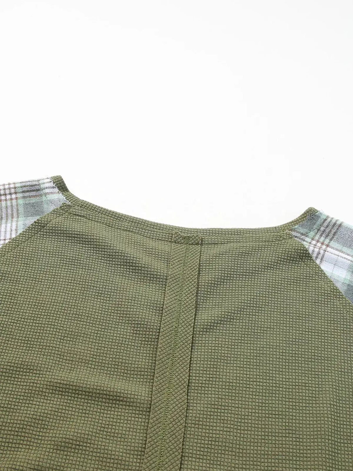 Olive Green Plaid Patch Waffle Knit Bubble Sleeve Top - Bitsy Gypsy Boutique