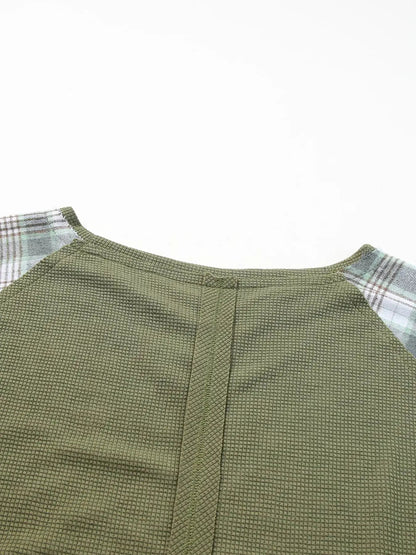 Olive Green Plaid Patch Waffle Knit Bubble Sleeve Top - Bitsy Gypsy Boutique