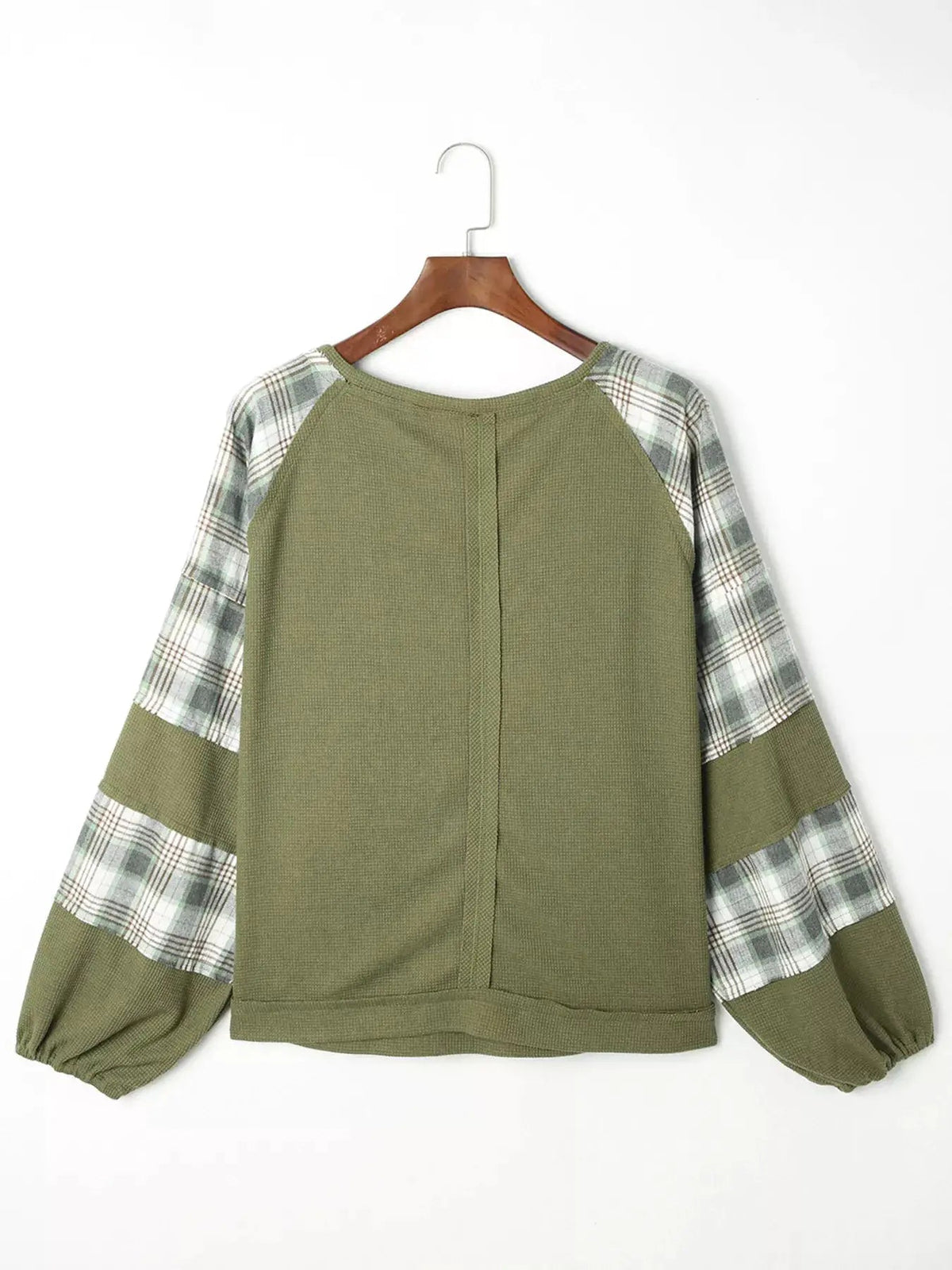 Olive Green Plaid Patch Waffle Knit Bubble Sleeve Top - Bitsy Gypsy Boutique