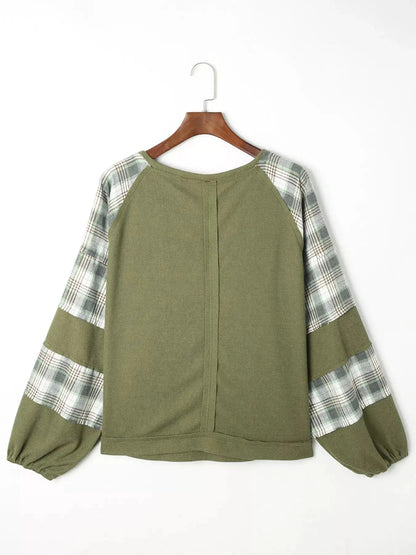 Olive Green Plaid Patch Waffle Knit Bubble Sleeve Top - Bitsy Gypsy Boutique