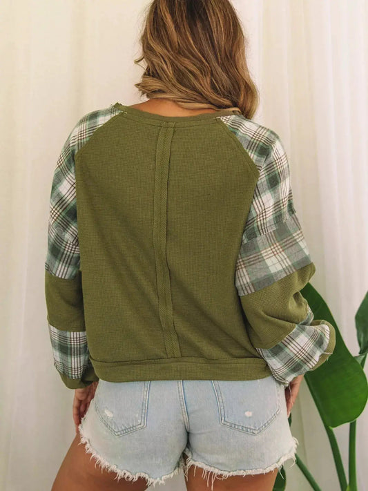 Olive Green Plaid Patch Waffle Knit Bubble Sleeve Top - Bitsy Gypsy Boutique