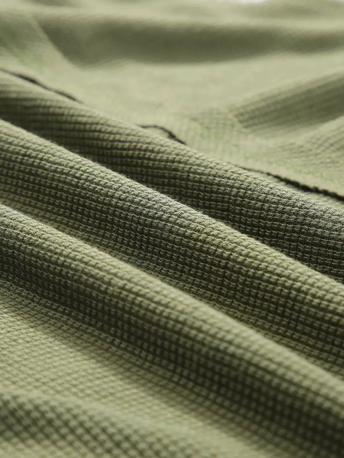 Olive Green Plaid Patch Waffle Knit Bubble Sleeve Top - Bitsy Gypsy Boutique