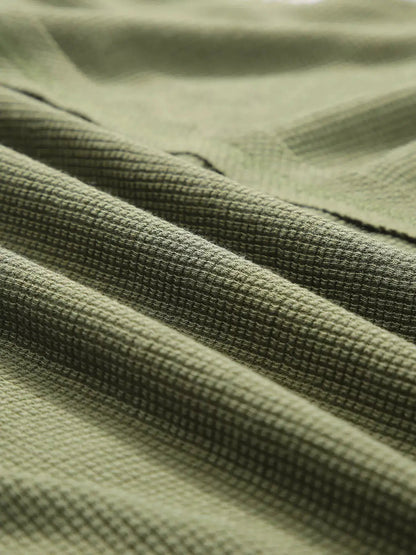 Olive Green Plaid Patch Waffle Knit Bubble Sleeve Top - Bitsy Gypsy Boutique