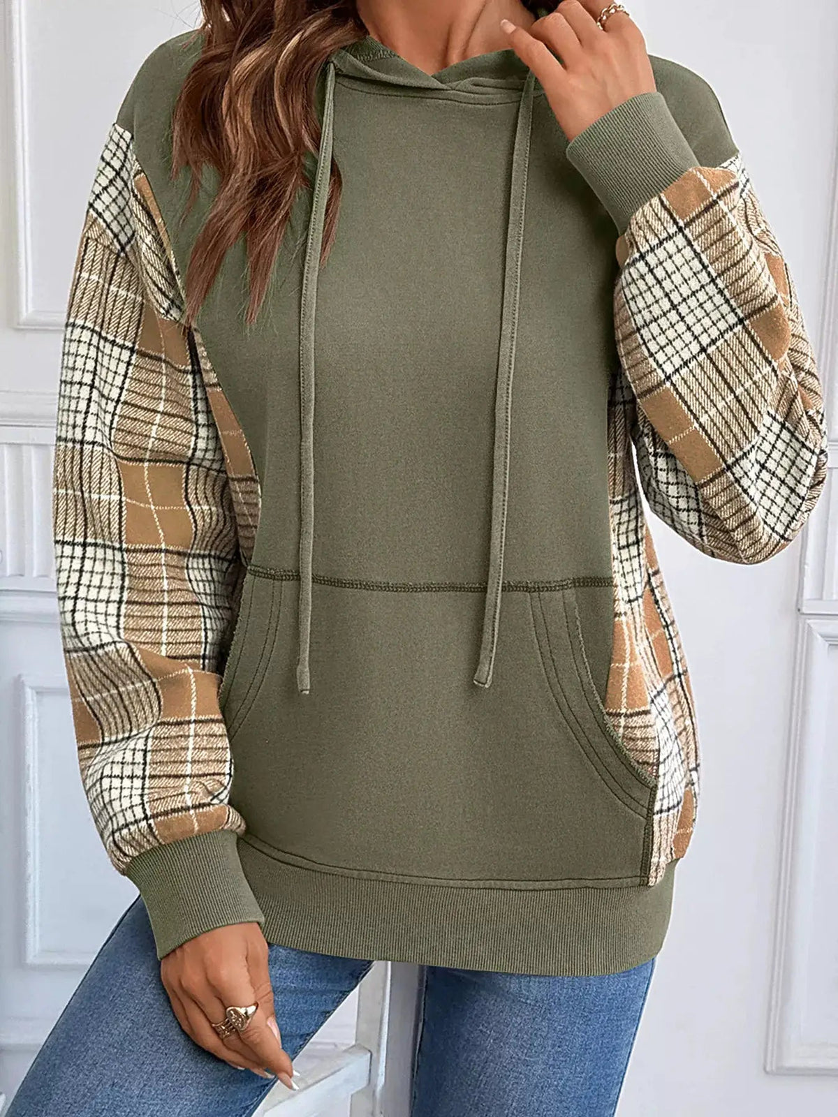 Olive Green Plaid Sleeve Drawstring Pocket Hoodie - Bitsy Gypsy Boutique