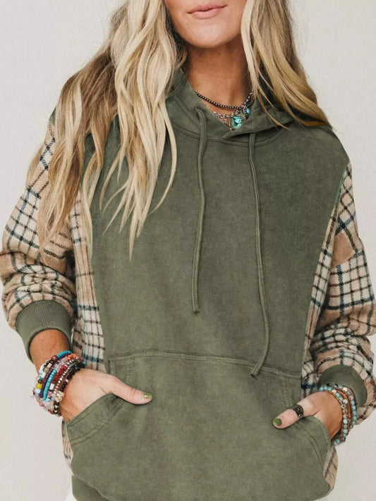 Olive Green Plaid Sleeve Drawstring Pocket Hoodie - Bitsy Gypsy Boutique