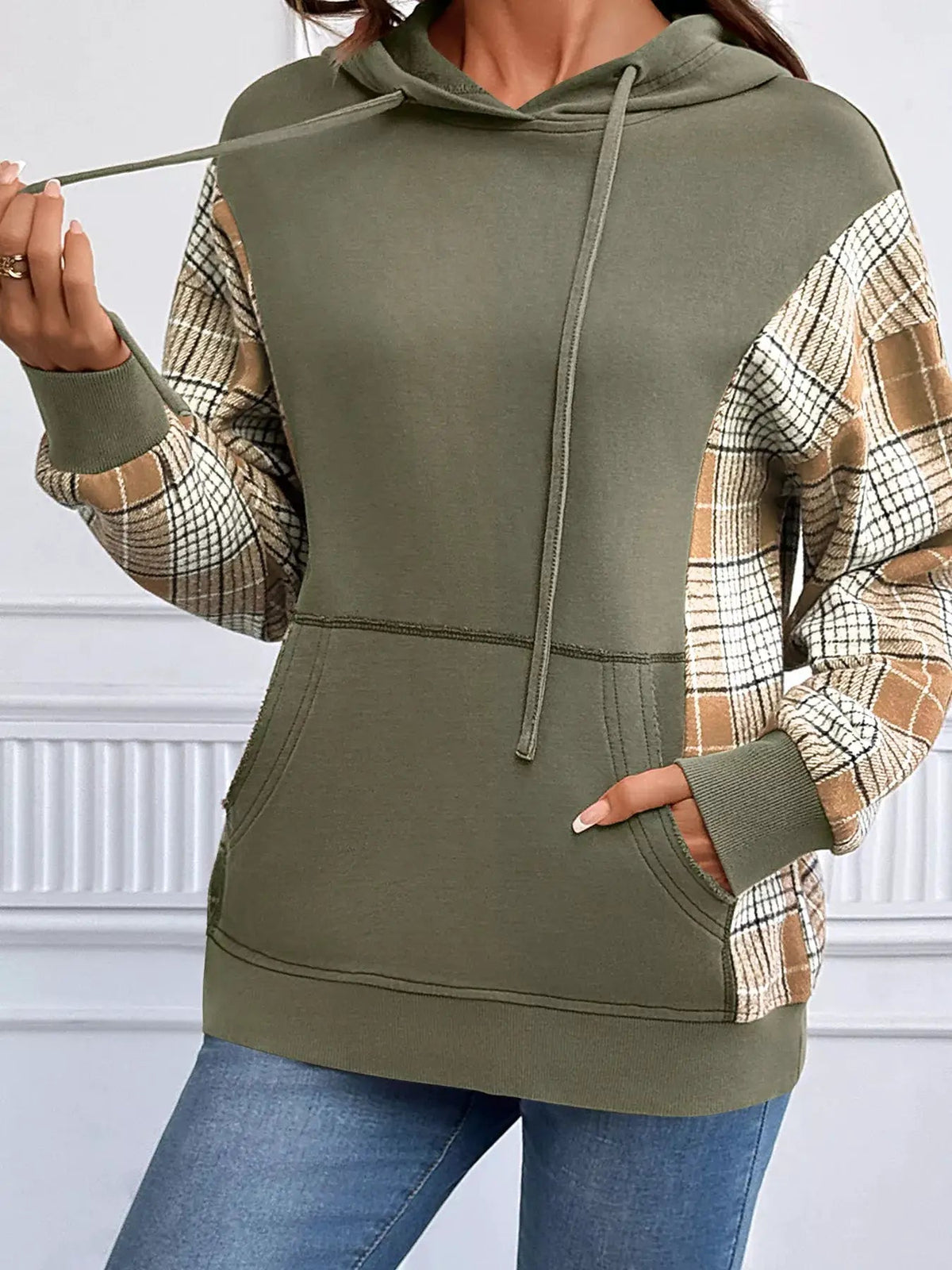 Olive Green Plaid Sleeve Drawstring Pocket Hoodie - Bitsy Gypsy Boutique
