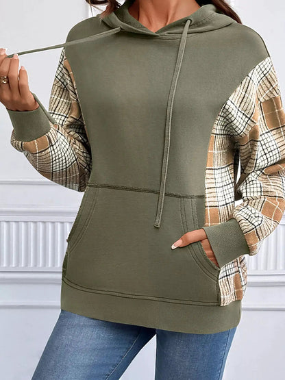 Olive Green Plaid Sleeve Drawstring Pocket Hoodie - Bitsy Gypsy Boutique