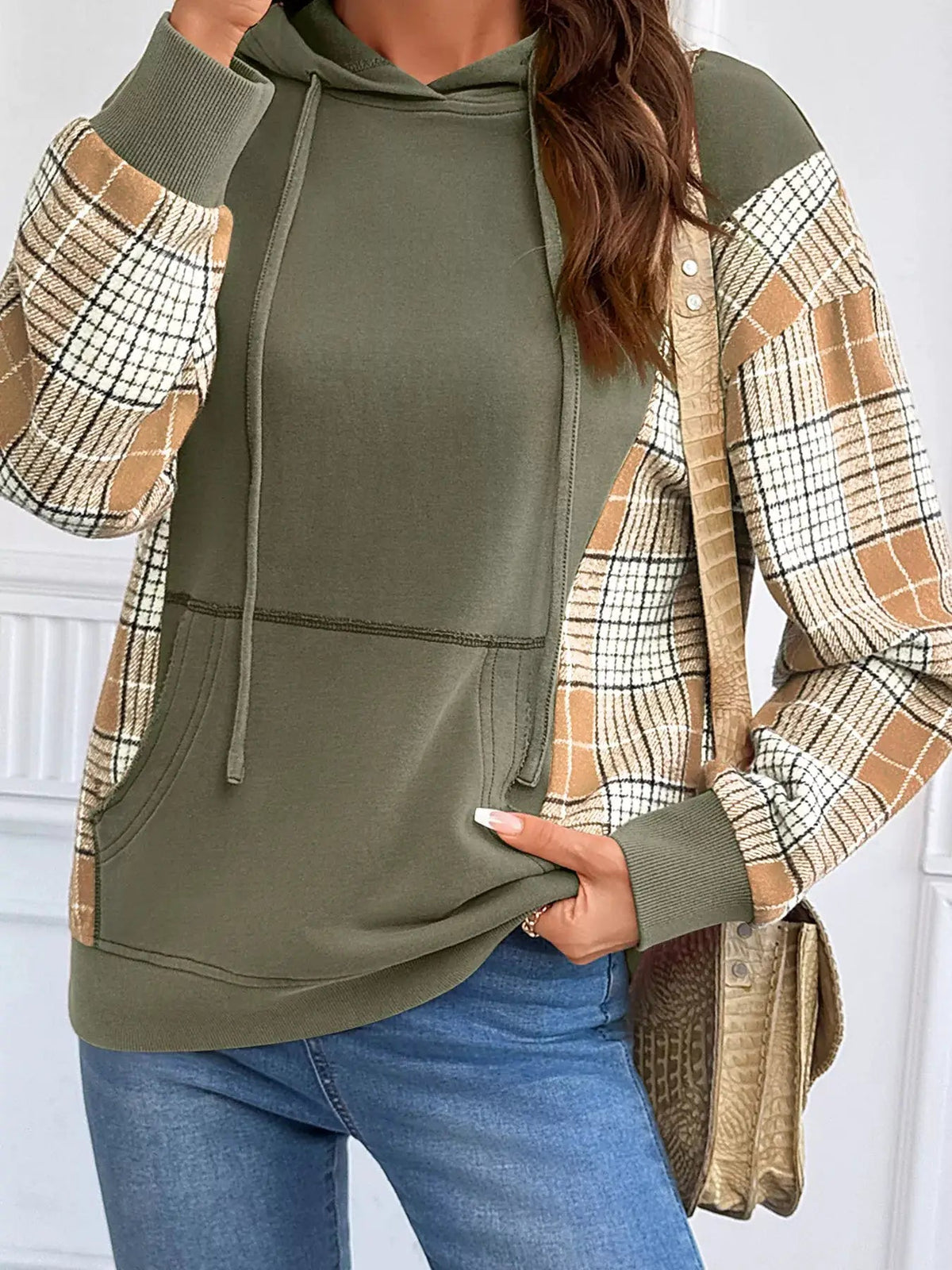 Olive Green Plaid Sleeve Drawstring Pocket Hoodie - Bitsy Gypsy Boutique