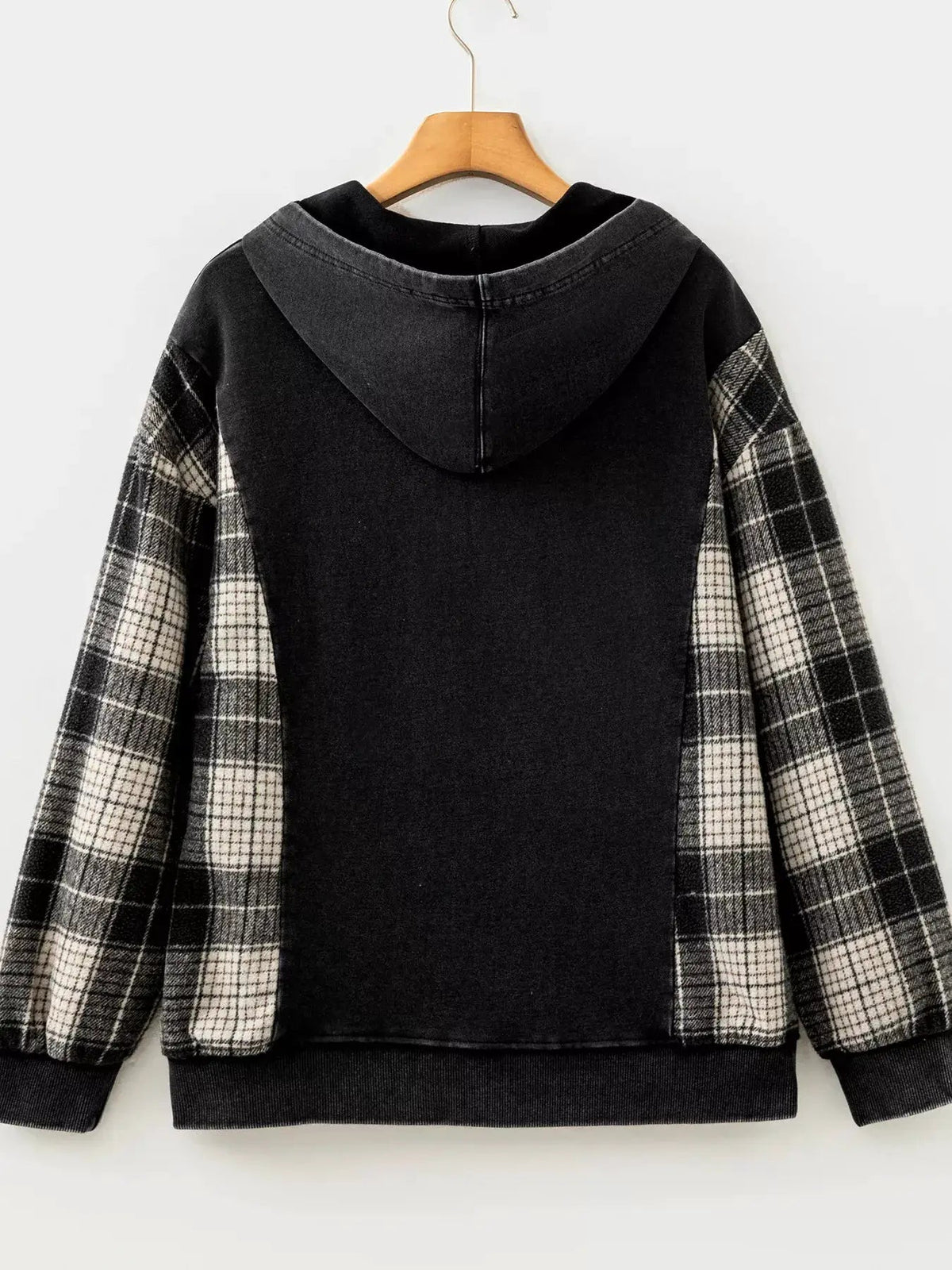 Olive Green Plaid Sleeve Drawstring Pocket Hoodie - Bitsy Gypsy Boutique