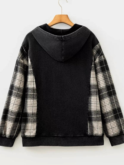 Olive Green Plaid Sleeve Drawstring Pocket Hoodie - Bitsy Gypsy Boutique