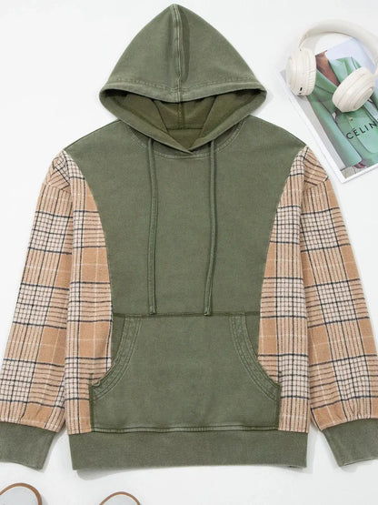 Olive Green Plaid Sleeve Drawstring Pocket Hoodie - Bitsy Gypsy Boutique